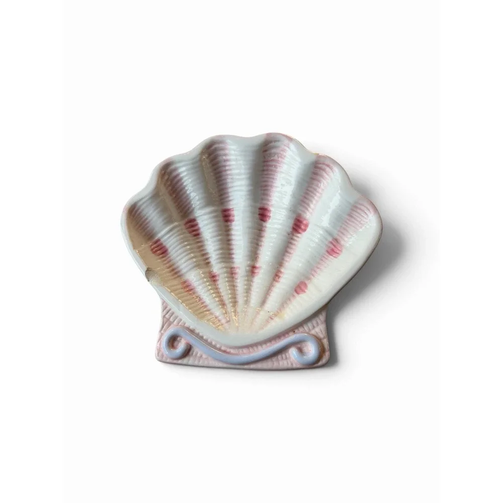 Sea Shell Trinket Jewelry Glass Tray Hand Painted Pink White Scalloped Dish